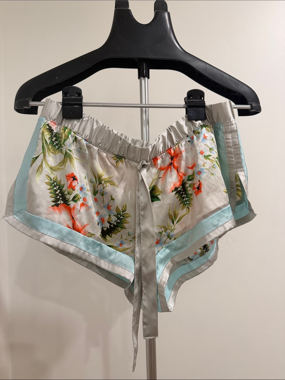 Victoria's Secret Floral Satin Sleep Shorts in Cream with Coral & Mint Trim
